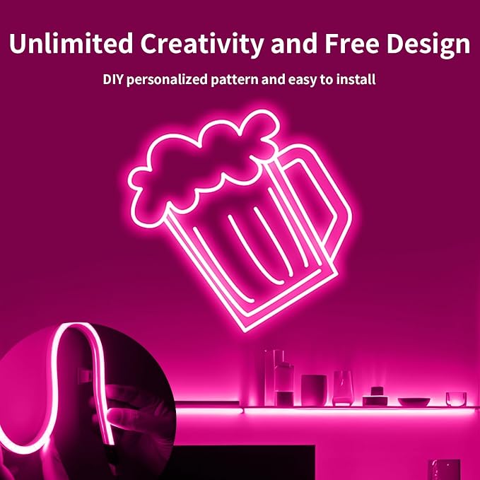 iNextStation 16.4FT/5M Pink LED Strip Lights, DC12V Silicone Neon Light Strip, IP65 Waterproof Led Rope Lights Dimmer for Cuttable DIY, LED Light Strip for Bedroom, Indoor, Outdoor(with Plug)