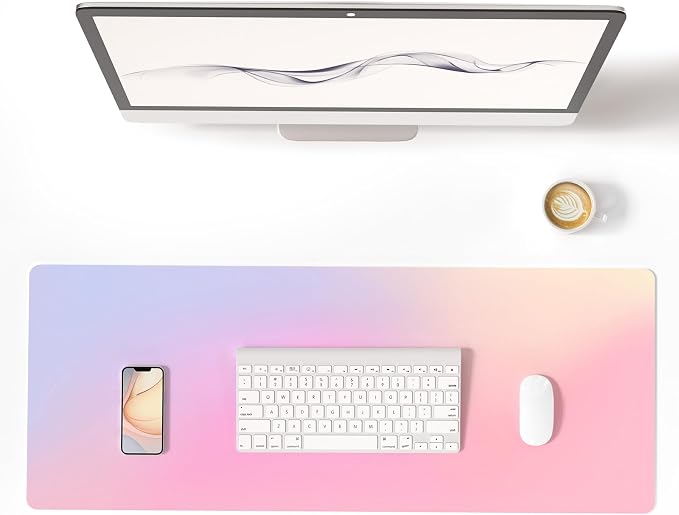 Colorful Star Large Mouse Pad Pink, Girly Desk Mat Aesthetic PU Leather Laptop Mat, 31.5" x 11.8"