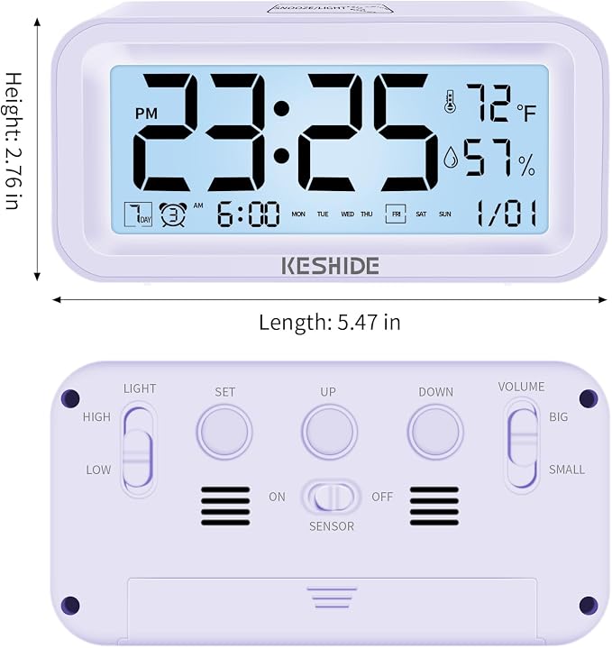 Night Light Digital Alarm Clock Battery Operated with Indoor Temperature Humidity, Desk Small Clock,Snooze Model,12/24H Display for Bedrooms Heavy Sleepers Kids Travel Bathroom (Purple)