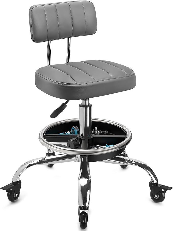 Garage Mechanic Stool with Backrest, Height Adjustable Heavy Duty Swivel Task Chair, Rolling Workshop Stool with Tool Tray Storage, Mechanic Chair for Garage, Shop, Auto Repair (Grey)