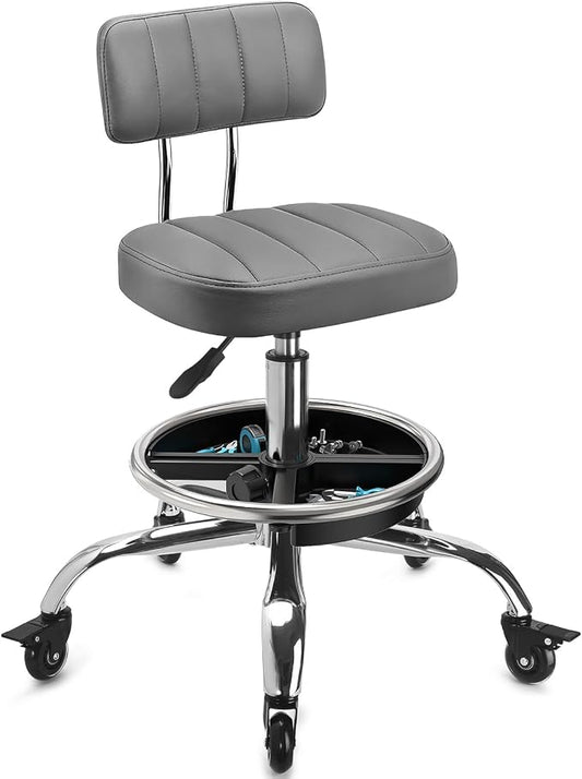 Garage Mechanic Stool with Backrest, Height Adjustable Heavy Duty Swivel Task Chair, Rolling Workshop Stool with Tool Tray Storage, Mechanic Chair for Garage, Shop, Auto Repair (Grey)