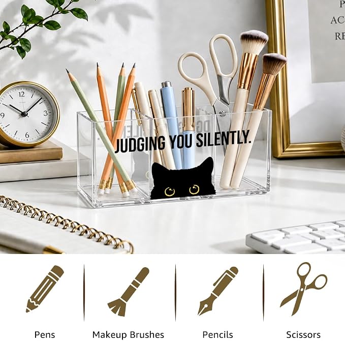 Judging You Silently Acrylic Pen Holder Organizer with 3 Compartments, Black Cat Desk Accessories for Work, Sarcastic Office Gifts for Cat Lover Coworker Manager, Employee Appreciation Gifts