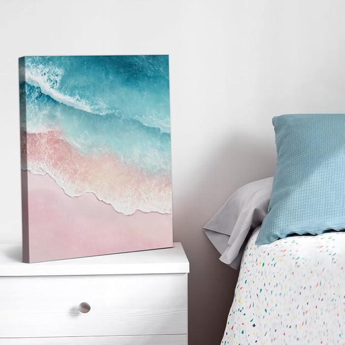 Coastal Pink Beach Wall Art Decor Blue Ocean Wave Painting Picture Artwork Pastel Seascape Wall Decor for Home Beach Room Bedroom 8x10 Canvas Framed