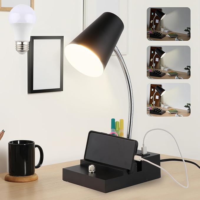 Study Desk Lamp with USB Charging and Type-C Night Light, Gooseneck LED Table Lamp Stepless Dimming Study Table Lamp with Pen Holder for College Dorm Bedroom and Office (Black)