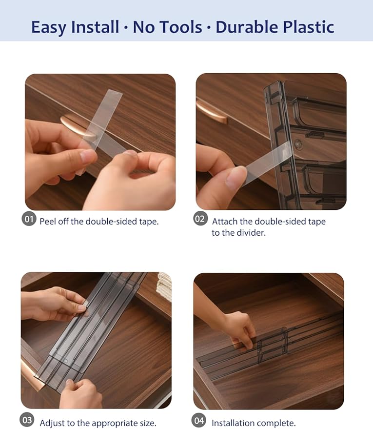 5 Pack Smoke Grey Drawer Dividers - Semi-Transparent Adjustable Plastic Separators with Adhesive Pads - Modern Non-Slip Organizer for Men's Dresser, Office Desk, Kitchen & Tool Box, 3" High