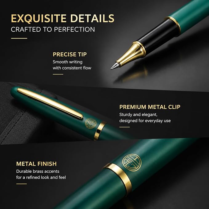 Luxury Gold Rollerball Pen, 24K gold-plated exquisite pen body, stylish and simple design, two ink refills, gift set for men and women, executive writing, office, graduation gift (Green)