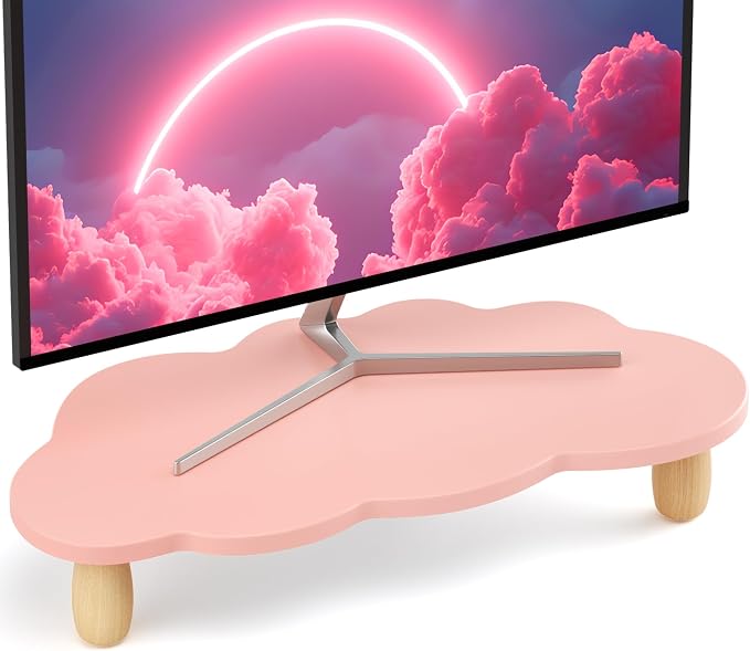 AFOOYO Monitor Stand Riser,Cloud Shape Wood Computer Monitor Stand, 16.5IN Monitor Stand Riser, Multi-Purpose Desktop Organizer Riser for Computer,Laptop,Printer,TV,Pink