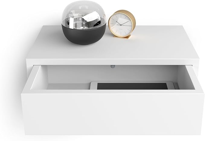 Mobili Fiver, Riccardo Floating nightstand, Matt White, 17.7" x 9.8" x 6.1 ", Melamine-Finished, Modern Bedside Table, End Table, Italian Furniture