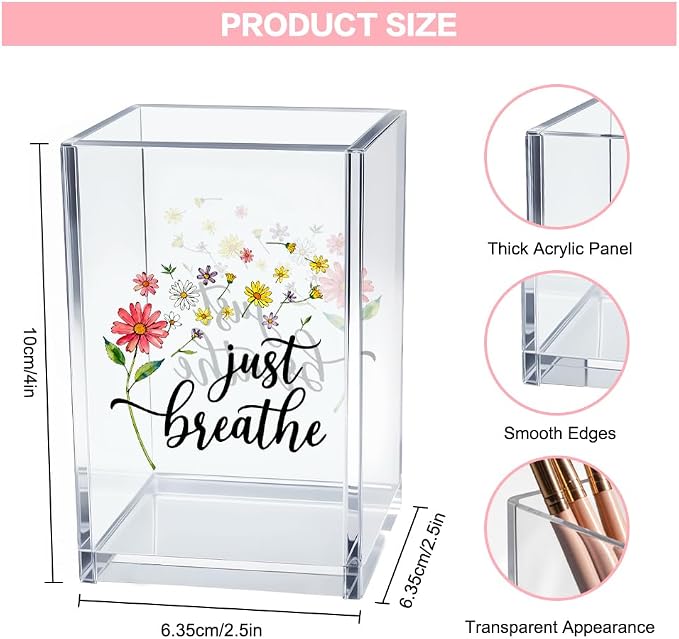 Just Breathe Acrylic Cosmetic Pencil Pen Holder Cup, Inspirational Dandelion Desk Organizer Accessories for Home Office Decor, Encouragement Gifts for Women Girl Coworker Daughter Yoga Teacher