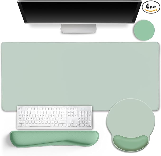 LIMKRIAN Sage Green Mouse Pad Set, Complete XXL Desk Mat with Ergonomic Keyboard Support & Coaster, Featuring Mouse Pad with Gel Wrist Rest for Pain Relief, Home Office Gaming Accessories Gift