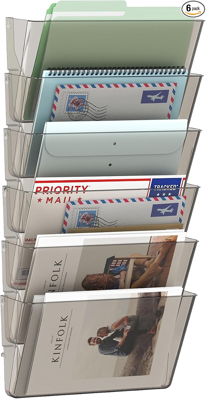MINDEPOT 6 Pockets Acrylic Wall File Organizer, Clear Wall File Holder, Plastic Hanging Wall File Holder for Office, School and Home, Smoky