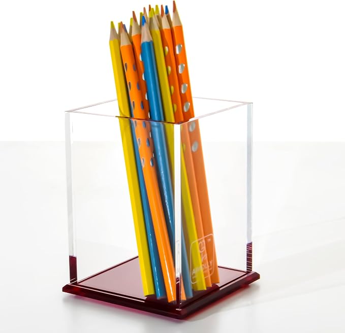 Red Acrylic Pencil Pen Holder Cup, Desk Accessories Holder,Makeup Brush Storage Organizer, Modern Design Desktop Stationery Organizer for Office School Home Supplies, 3.1x 3.1x 4.3 inch
