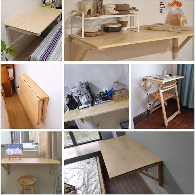 MM MELISEN Solid Wood Wall-Mounted Folding Table in Natural, 23.6" D x 15.7" W. A Space-Saving fold-Down Desk, Ideal for Laundry Rooms, Kitchens, Home Offices, or as a Kids' Study Desk