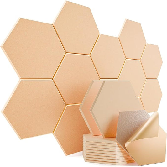 12 Pack Self-Adhesive Acoustic Panels 12" X 10" X 0.4" - Sound Proof Foam Panels with High Density, Hexagonal Design, Flame Resistant, Absorb Noise and Eliminate Echoes(Light Apricot)