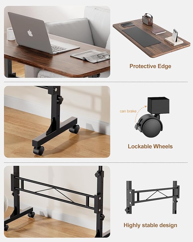 Small Standing Desk Adjustable Height, Mobile Stand Up Desk with Wheels, 32 Inch Portable Rolling Desks Conference Room Tables for Walking Pad Treadmill Wood Rustic