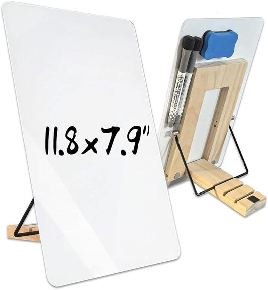 Glass White Board with Stand,Magnetic Mini Dry Erase Board for Desk,Small Desktop Whiteboard with Solid Wood Bracket