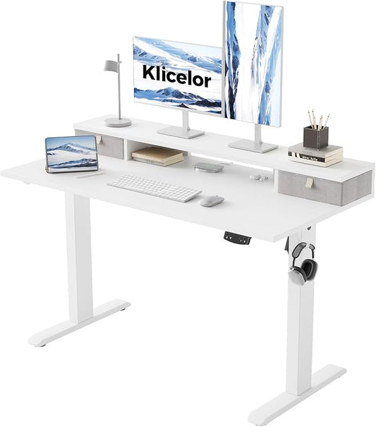 Klicelor 48 x23 Inch Electric Standing Desk with Drawers, Adjustable Height Small Sit Stand Desk for Home Office, Compact Computer Workstation with Storage– White
