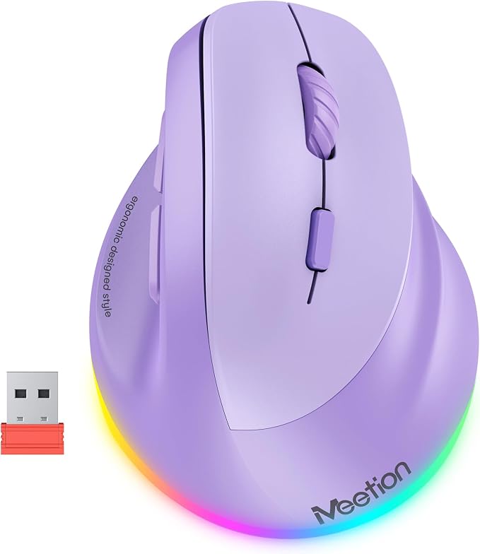 MEETION Ergonomic Mouse, Wireless Vertical Mouse RGB Backlit Rechargeable Mice for Bluetooth(5.2 + 3.0) & USB, 4 Adjustable DPI Compatible Mac/Windows/Andriod/PC/Tablet/iPad Purple