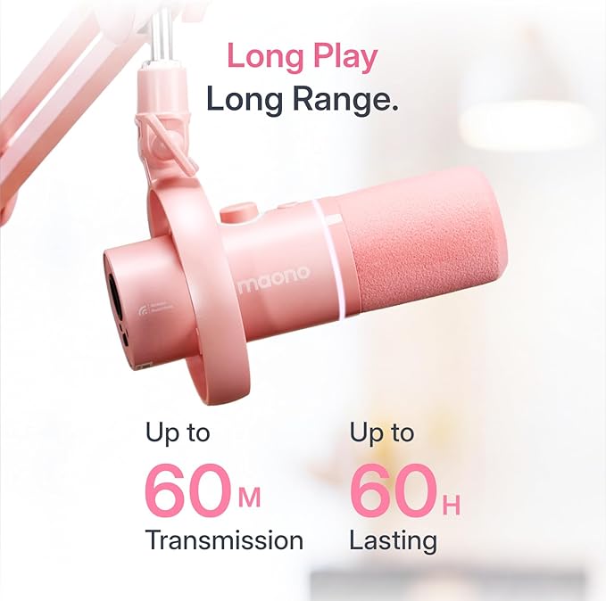 MAONO PD200W Hybrid Wireless Podcast Microphone for PC, XLR USB Dynamic Mic Kit with Boom Arm, Software, Noise Cancellation, for Vocal Recording, Streaming, Content Creation, Home Studio, Pink