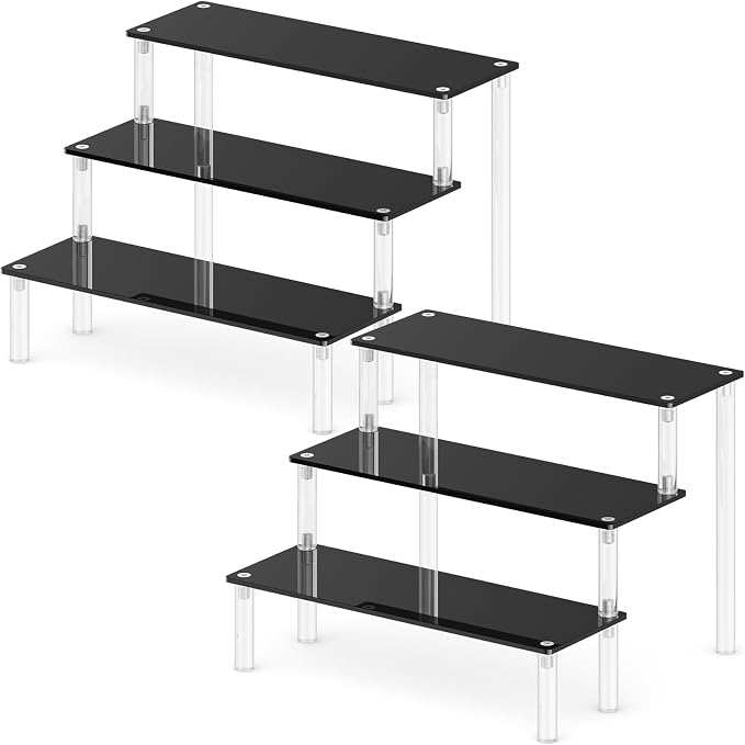 2 Packs Acrylic Display Stand Riser,3 Tier Perfume Organizer Cupcake Stand | Acrylic Pop Shelves Holder,Black Desk Display Shelf for Figure,Trinket,Collectibles,Dessert Tray Stands for Party Decor-7.9in