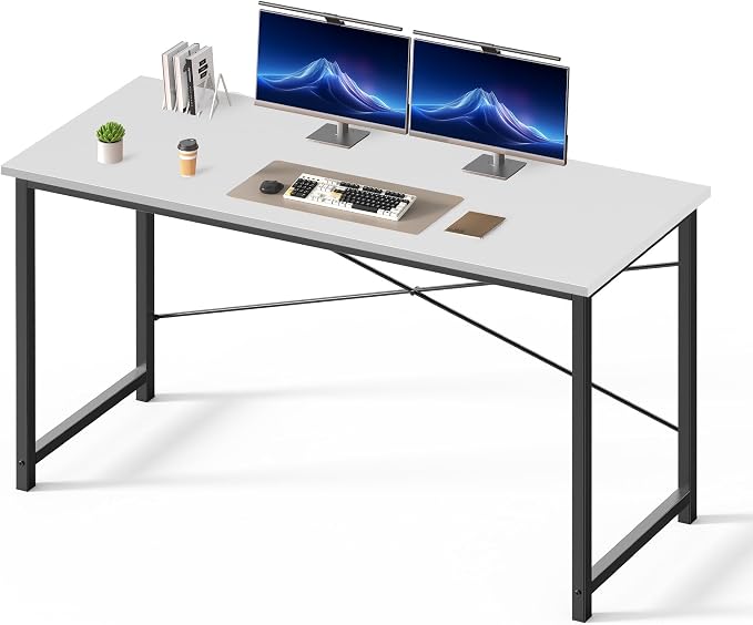 OLIXIS 55 Inch Computer Office Desk for Small Spaces, Writing Gaming Work Desk Modern Study Table with Metal Frame Home Bedroom, White