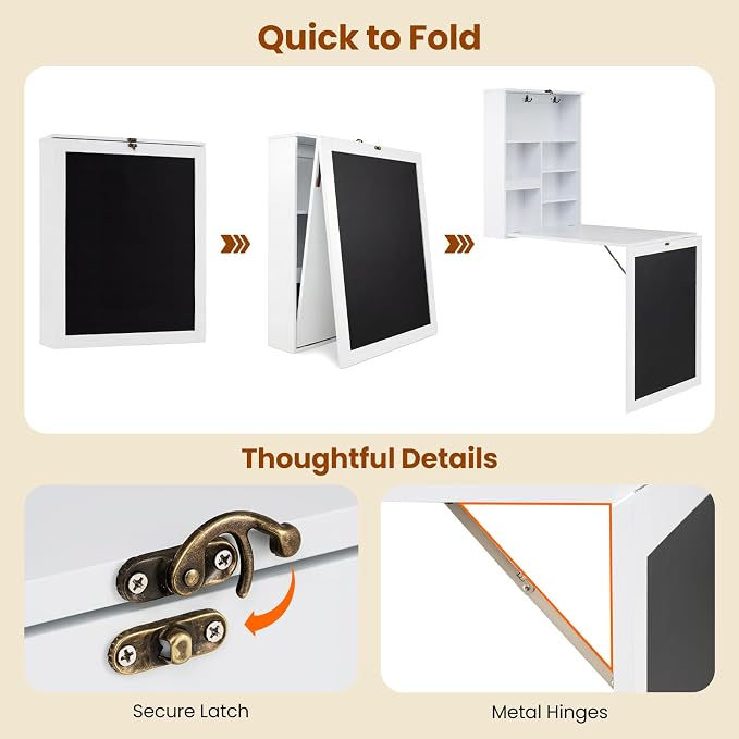 Giantex Foldable Wall Mounted Desk, Convertible Writing Desk with Storage Shelves, Hooks & Chalkboard, Space-Saving Fold-Up Table, Corner Floating Laptop Table for Small Spaces, Home Office, White