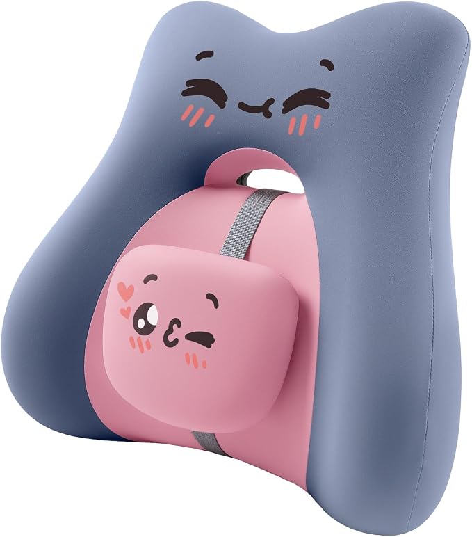 BEBAS Lumbar Support Pillow for Car & Office Chair - Ergonomic Back Support Cushion with Adjustable Memory Foam Bolster, Cute Cartoon Design, Lower Back Pain Relief for Driving & Desk Work - Blue