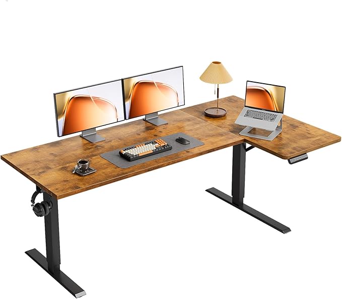 OffiGo Electric L Shaped Standing Desk, 63 Inches Height Adjustable Table, Reversible Corner Stand Up Desk, Lifting Computer Table for Home Office, Computer Workstation, Rustic Brown