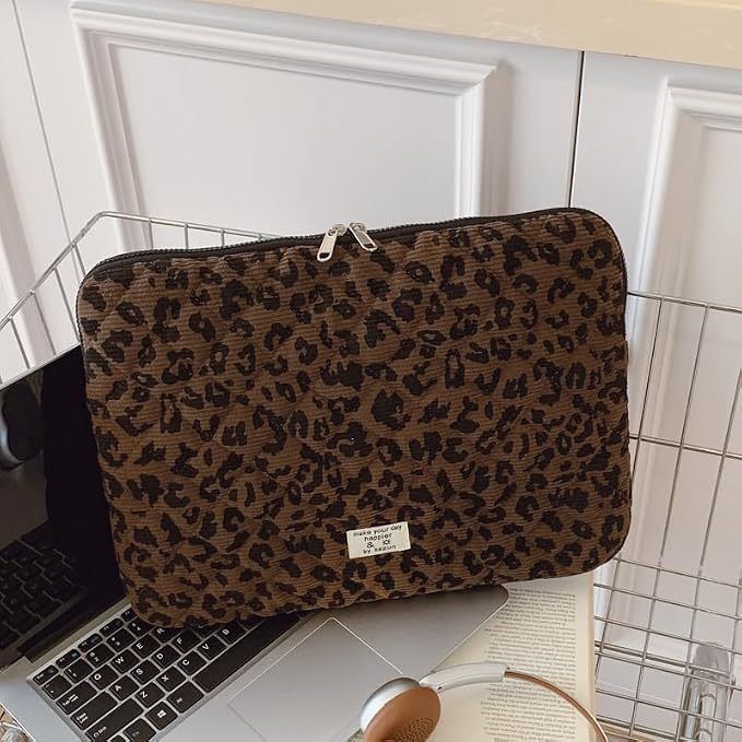 Leopard Puffy Laptop Sleeve 11,13,15 Inch Cheetah Print Quilted Laptop Case Protective Padded Computer Sleeve for MacBook