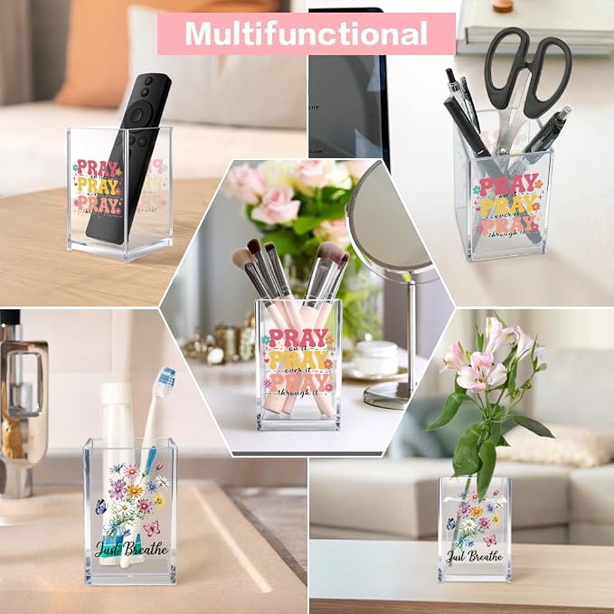 Just breathe 2 Pack Acrylic Cosmetic Pencil Pen Holder Cup, Hope Inspirational Makeup Brush Organizer Holder, Women Faith Gifts, Christian Encouragement Gifts for Women Mom Daughter Teacher