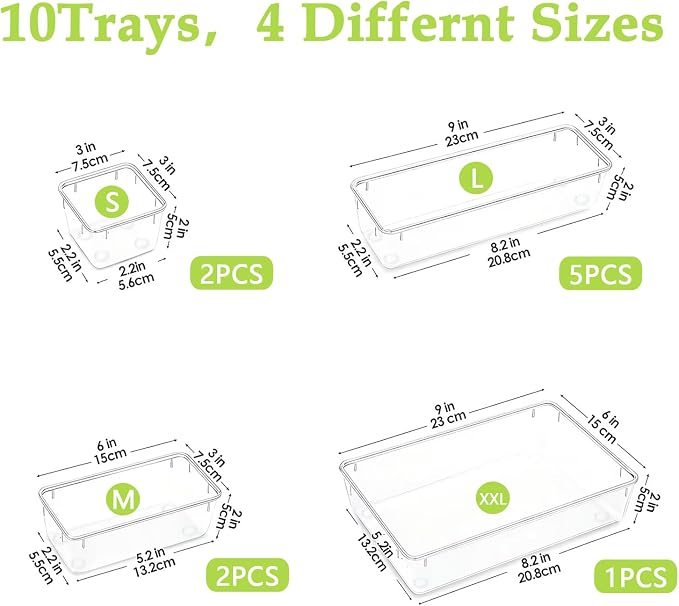 Clear Acrylic Drawer Organizer Trays, 5 Size Junk Box Organization Small Storage Container Bin for Desk Makeup Bathroom Vanity Kitchen Tool Make Up Workspace Home Dorm Apartment Office Room Nightstand