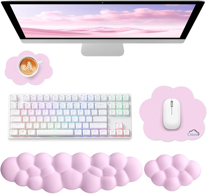 Sushret Cloud Wrist Rest for Computer Keyboard, 4-in-1 Memory Foam Leather Cloud Keyboard Wrist Rest and Mouse Pad Set with Ergonomic Support for Arm and Palm Cushion, Gaming/Work Setup, Pink
