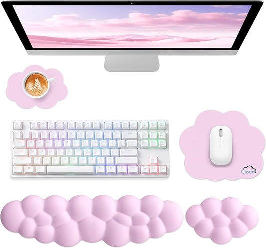 Sushret Cloud Wrist Rest for Computer Keyboard, 4-in-1 Memory Foam Leather Cloud Keyboard Wrist Rest and Mouse Pad Set with Ergonomic Support for Arm and Palm Cushion, Gaming/Work Setup, Pink