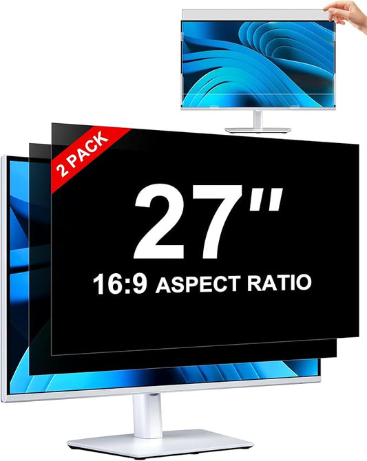 [2-Pack] Privacy Screen For Computer Monitor, 27-Inch 16:9 Aspect Ratio; Anti Spy/Bule Light/Glare And Eye Protection, 2 Install Ways Removable For Office, Airport, Cafe And Other Public Area; Diagonal 27 Inches, Width 23.53 Inches, Height 13.24 Inches