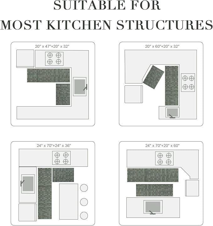 Kitchen Rugs Sets of 2-Non Slip Kitchen Mats for Floor-Thick Stain Resistant Vintage Kitchen Floor Mat Runner Carpet for Hallways Entryway Laundry Room Washable（Green 24"x70"+20"x47"）