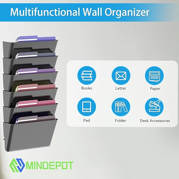 MINDEPOT 5 Pockets Acrylic Wall File Organizer, Wall File Holder Black | Single Wall File Organizer Save Space Sturdy Acrylic Material