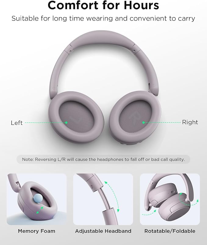 TALIX H30 Hybrid Active Noise Cancelling Headphones, 110H Playtime Hi-Res Audio Bluetooth 6.0 Wireless Over Ear ANC Headphones for Commute/Travel (Purple)