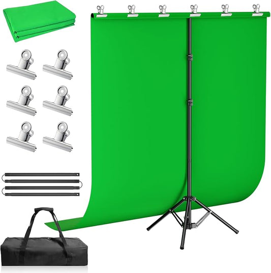 5x7ft Green Screen Backdrop Kit with Stand, Portable Greenscreen Background Includes Foldable T-Stand, 6 Clips and Carry Bag for Streaming, Gaming, Meeting, Video Production, Photography