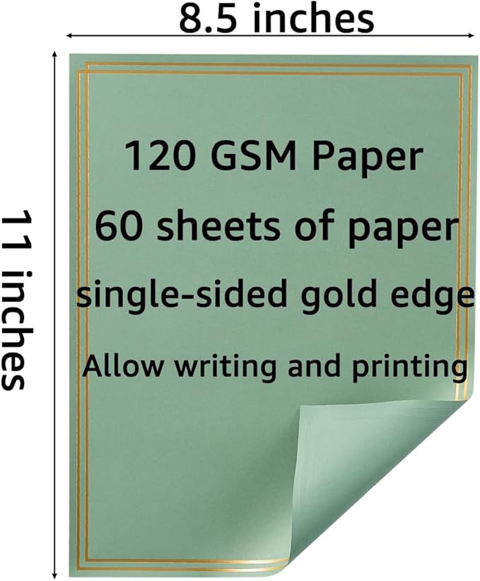 60 Pack Stationery Set Paper with Gold Border, 8.5x11 Inch Paper Sheets for Writing Letters, Letter Size Writing Paper (Sage-Green, 8.5x11 inches)
