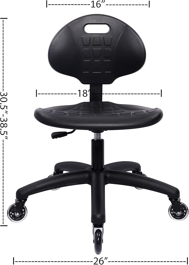 Table Height Chair/Stool-Easy to Clean! Deluxe Ergonomic Polyurethane Chair. 5" of Height Adj (16.5"-21.5") 450 lb Capacity. Automotive, Lab, Garage, Home, Office (Rubber Roller, Black)