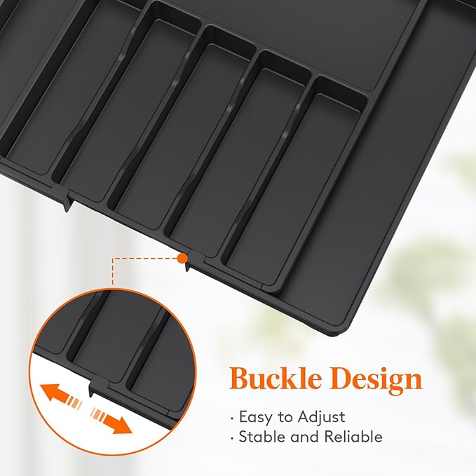 Lifewit Silverware Drawer Organizer, Expandable Utensil Tray for Kitchen, BPA Free Flatware and Cutlery Holder, Adjustable Plastic Storage for Spoons Forks Knives, 15- 27 x 18.5", Black