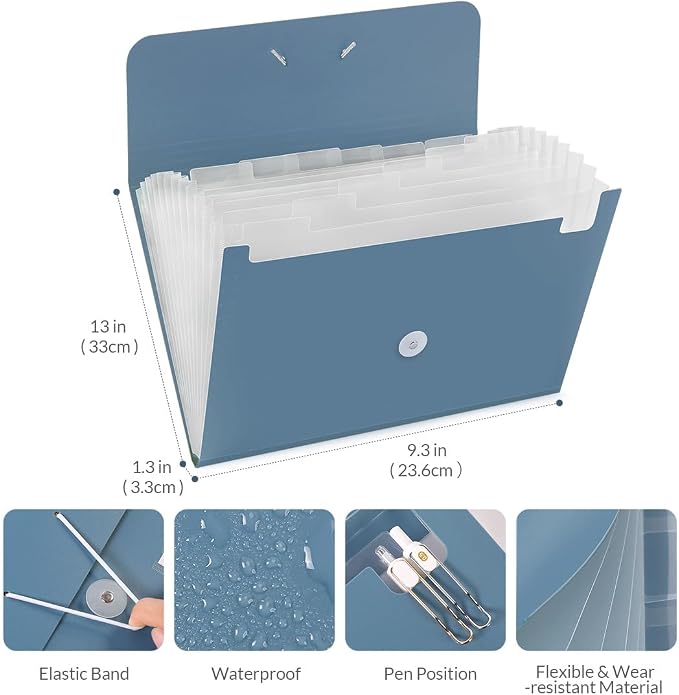 SKYDUE Expanding File Folde rwith 13 Pockets, Accordion File Organizer fits for A4/Letter Sized Paper, Accordion Folder with Labels - Document Receipt Organizer for Office, School, Home Blue