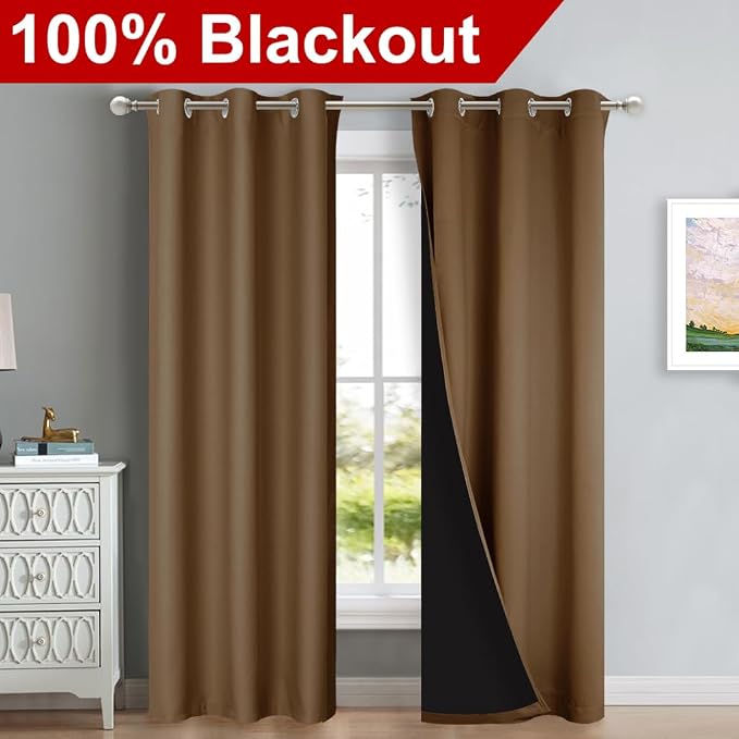 NICETOWN Blackout Curtains 80 inches Long, Gold Brown, 2 Pieces, 42" Wide Each Panel, Full Light Blocking Drapes with Black Liner for Nursery, Thermal Insulated Draperies for Hall, Villa