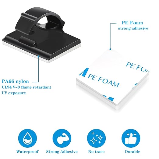 Adhesive Cable Holder Management Wire Clips 50 Pcs Black，Suitable for Cables with a Diameter of ≤ 6mm in Cars, Houses, and Offices
