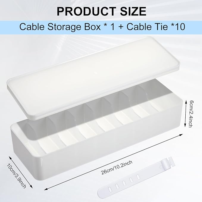 Tatuo 1 Pcs Cord Organizer for Drawer Desktop, Cable Organizer Box with 8 Compartments and Wire Ties, Plastic Charger Storage with Lid, Electronics Case for Home Office Accessories (Small,White)