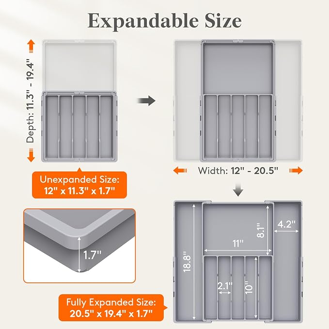 Lifewit Silverware Drawer Organizer, Expandable Utensil Tray for Kitchen, BPA Free Flatware and Cutlery Holder, Adjustable Plastic Storage for Spoons Forks Knives, 5-8 Slots, Gray
