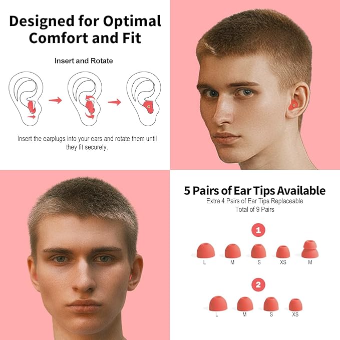 Ear Plugs for Sleeping Ultra-Comfy Silicone Earplugs for Concerts Noise Cancelling Reusable Noise Reduction Earbuds for Travel Focus Work 33-45dB Hearing Protection with 9 Tips & Case (Red)