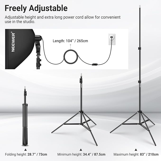 NEEWER 24"x24" 450W Equivalent Softbox Lighting Kit with Tripod Stand, 45W Bi Color 2.4G LED Bulb, Remote, 10 Channels 2900K-7000K 1400lx/1m CRI95 Studio Photography Recording Continuous Light, NK104