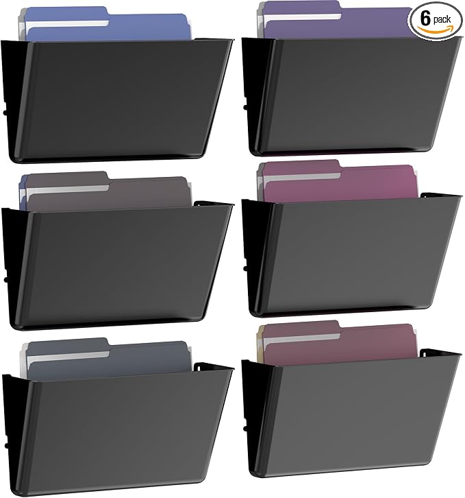 Gawerk Clear Acrylic Single Pocket, Plastic Hanging Wall Mount File Holder for Office Home (Black, 6 Pack)