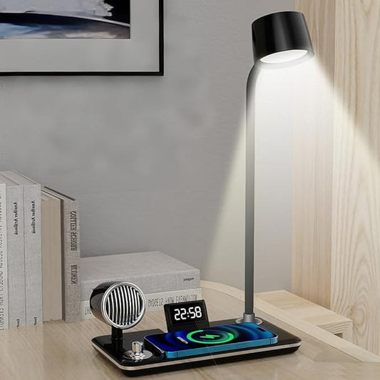 IHAO Smart LED Desk Lamp with Wireless Charger & Bluetooth Speaker, 15W Fast Charging Station for Phone & Earbuds Touch Control 3 Light Modes Alarm Clock Adjustable Eye-CareTable Lamp-HYT1772 Black